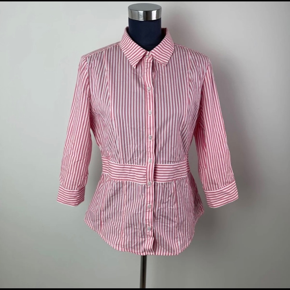 New York and Company Red Striped Long Sleeve Button-up Collared Blouse Size M
